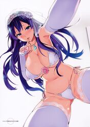 1girls armpit bangs bikini blue_eyes blue_hair blush breasts bridal_veil bride cleavage clothed_female elbow_gloves female female_only gem gloves highres jewelry large_breasts lips long_hair looking_at_viewer navel necklace nijou_aki open_mouth shiny shiny_hair shiny_skin side-tie_bikini simple_background smile solo sweat swimsuit takeda_hiromitsu thighhighs tiara veil white_background white_bikini white_gloves white_legwear