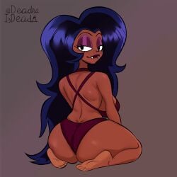 deadraisdead wilhamena ok_k.o.!_let's_be_heroes tagme looking_back back_view viewed_from_behind dark_skin dark-skinned_female black_hair long_hair vampire vampire_girl makeup blush smile fangs kneeling ass ass_focus slim_waist wide_hips thick_thighs voluptuous breasts large_breasts bikini choker