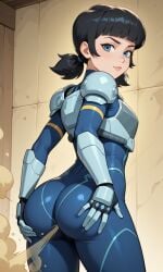 1girls solo bodysuit armor armored_female tech_jacket_(zoe_thompson) tech_jacket invincible fart farting ass hand_on_butt smile hair_ponytail ponytail black_hair blue_eyes ai_generated