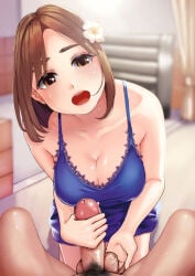 1boy 1girl1boy 1girls about_to_cum caressing_testicles cleavage handjob happy_sex husband_and_wife penis pink_penis_tip pov smiling veiny_penis