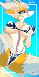 !dodn 4_ears 5_fingers antennae_(anatomy) anthro aquatic aquatic_gastropod areola areola_slip bangs beach big_breasts bikini black_bikini black_clothing black_swimwear blue_eyes blue_nails blunt_bangs blush body_blush breast_grab breast_squeeze breasts butt butt_from_the_front camel_toe clitoris_outline clothing colored_nails crouching eyebrows eyelashes eyeshadow facial_markings fangs female fingers fur fur_tuft gastropod genital_focus genitals hair hand_on_breast hand_on_crotch head_markings helvola_(!dodn) hi_res low-angle_view makeup markings mollusk multi_ear multicolored_body multicolored_ears multicolored_eyes nails navel nipple_outline orange_body orange_ears piercing pubes_exposed purple_markings sea_snail short_hair snail solo spread_legs spreading squeezing swimwear tan_body tan_ears tan_fur tan_hair teeth thick_thighs tuft two-piece_swimsuit vulva vulva_blush vulva_focus yellow_eyes