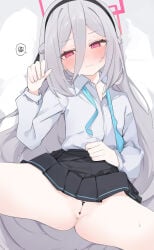 1girl absurdres bar_censor black_skirt blue_archive blush censored commentary grey_hair gu_meng_yin hair_between_eyes halo highres kei_(blue_archive) kei_(student)_(blue_archive) long_hair pink_halo pussy rectangular_halo shirt skirt solo variant_set