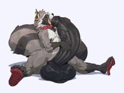 absurd_res anthro balls big_balls big_penis bodily_fluids clothing collar concosive ear_piercing ear_ring erection eyewear flexible flip_flops footwear fur genitals glasses grey_body grey_fur hi_res huge_balls huge_penis humanoid_genitalia humanoid_penis hyper hyper_balls hyper_genitalia hyper_penis male mammal markings open_mouth penis piercing pink_eyes procyonid raccoon ring_(marking) ring_piercing ringed_tail sandals shoes simple_background solo splits spread_legs spreading striped_markings striped_tail stripes sweat sweatdrop tail tail_markings thick_thighs white_background wide_hips