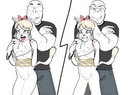 ahegao bald blonde_hair blue_eyes choking claw_marks clothed_male_nude_female cobra_(drawfag) cub furry_female glasses hair_ornament headlock human_on_anthro larger_male licking_lips male/female pale_skin peeing peeing_self smaller_female soyjak soyjak.party soylita strangling stubble sweating tail tears white_background white_fur
