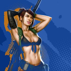 1girls 2d 2d_(artwork) absurdres armpit arms_above_head armwear beautiful_woman belly black_armwear black_bikini_top brown-haired_female cleavage collarbone expressionless female_focus female_only female_torso high_resolution highres karsten_schreurs large_breasts mature_woman metal_gear_solid metal_gear_solid_v navel pantyhose pinup posing quiet_(metal_gear) short-haired_female sniper_rifle unbothered uninterested uninterested_female