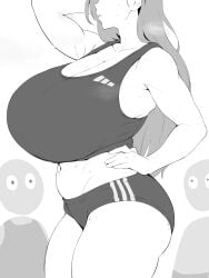 1girls female pale_skin pale-skinned_female long_hair sweat sweaty sweaty_body after_workout bare_shoulders breasts large_breasts huge_breasts cleavage midriff midriff_baring_shirt navel thick_thighs wide_hips sports_bra bloomers hand_on_hip fit_female black_and_white setawar_(coco) voluptuous_female voluptuous