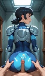 1girls solo solo_female buttjob penis butt fart bodysuit armor armored_female male 1boy pov nude_male ass_grab butt_focus tech_jacket tech_jacket_(zoe_thompson) invincible ai_generated highres female