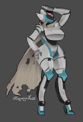 1girls 2026 arm_up armor armored_female artist_name artist_signature big_breasts built-in_high_heels cape curvy curvy_female deviantart deviantart_link deviantart_username female female_only full_body grey_background gryazyuka88 hand_on_hip hand_on_own_head helmet high_heels humanoid_robot narrow_waist open_hand original_character robot robot_girl signature simple_background solo standing thick_thighs thighs torn_clothes twitter_link twitter_username url white_armor wide_hips
