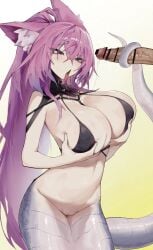 1girl a_wan absurdres animal_ears bikini bikini_top_only blush breasts censored commentary_request cum cum_string fox_ears grabbing_own_breast groin highres huge_breasts lamia long_hair monster_girl original penis pointless_censoring purple_hair pussy pussy_juice swimsuit tail tailjob tongue tongue_out very_long_hair