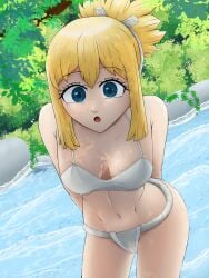 1girls arms_behind_back bare_legs belly belly_button bent_forward blonde_female blonde_hair blue_eyes cleavage dr.stone head_tilt im_tim kohaku_(dr.stone) ponytail stomach swimsuit swimwear thighs tummy