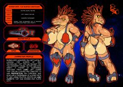 3_fingers 3_toes abs alien anthro arm_quills athletic athletic_anthro athletic_female beam_rifle biceps big_breasts bogexplosion breasts butt camel_toe clothing cosmic_background digitigrade energy_weapon english_text explosives feet female female_anthro fingers front_view genital_outline grenade gun halo_(series) hand_on_hip hi_res kig-yar microsoft model_sheet one-piece_swimsuit plasma_grenade quill_hair ranged_weapon rear_view ruuhtian scales scalie sharp_teeth short_tail sling_bikini solo space space_background standing swimwear tail tan_body tan_scales teeth text toes vulva_outline weapon xbox_game_studios yellow_eyes