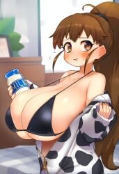 taneshima_popura working!! 1girl 1girls 2026 2d 2d_(artwork) 2d_artwork ai ai-created ai_art ai_assisted ai_generated alternate_costume bangs big_ass big_breasts big_butt big_hair big_thighs blush blushing breasts breasts_bigger_than_head cleavage curvy curvy_body curvy_female curvy_figure digital_art digital_drawing digital_drawing_(artwork) digital_media digital_media_(artwork) digital_painting_(artwork) female female_focus female_only hair huge_breasts large_breasts milf milf_body pale pale-skin pale-skinned_female pale_skin pale_skinned_female solo solo_female solo_focus standing sugartwist thick thick_ass thick_butt thick_hips thick_legs thick_thighs top_heavy wide_hips wide_thighs brown_hair brunette brunette_hair brunette_female brunette-haired_female brown_eyes bikini bikini_top black_bikini milk milk_bottle blush_lines ponytail ponytail_female ponytail_(hair) long_hair embarrassed embarrassed_female embarrassed_expression cow_print hoodie bare_shoulders sagging_breasts saggy_breasts looking_at_viewer
