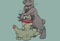 animal_genitalia animal_penis balls bear bear_(mewgenics) big_balls big_penis brown_body digital_media_(artwork) domestic_cat draven_(mewgenics) duo erection felid feline felis fur genitals hair hi_res huge_balls huge_penis leaf male male/male mammal mewgenics paws penis penis_on_face questionable_consent shaded shocked simple_background size_difference smile spreading surprised tail teeth tempestpaw ursine_penis white_sclera yellow_body yellow_fur