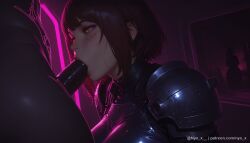 nyx_x ai_generated explicit 1girl breasts blush short_hair brown_hair black_hair 1boy upper_body hetero nude penis solo_focus armor from_side lips orange_eyes uncensored bodysuit erection oral looking_up fellatio clothed_female_nude_male black_bodysuit