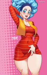 1girls afro blue_eyes blue_hair blush bulma bulma_(afro) bulma_(androids'_saga) bulma_briefs darkereve dragon_ball dragon_ball_z dress female female_only hairband hand_behind_head hi_res long_hair looking_at_viewer open_mouth pink_nail_polish smiling smiling_at_viewer solo thick_thighs wide_hips