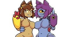 2girls big_breasts cat_girl gameoverse kit_(gameoverse) looking_at_viewer malice_(gameoverse) melonmiloc nude peace_sign side_by_side smile v_sign yuri