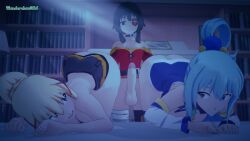 1futa 2girls 3d aqua_(konosuba) big_ass blue_eyes blue_hair brown_eyes brown_hair darkness_(konosuba) doggy_position evaan futanari hair_ornament holding_butt koikatsu kono_subarashii_sekai_ni_shukufuku_wo! looking_back megumin night on_knees one_eye_closed partially_clothed self_upload smug threesome wunderclaw yellow_hair