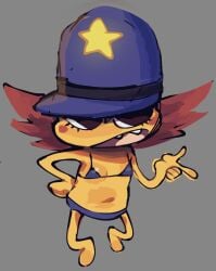 1girl 1girls anthro bikini blue_bikini blue_headwear blush_stickers breadwinners brown_hair citrusflower25 clothing colored_skin fang female flat_chest full_body grey_background hand_on_own_hip hat headwear humanization navel open_mouth pink_hair pointing police police_hat police_uniform policewoman purple_bikini rambamboo red_hair simple_background smile solo star_(symbol) sunglasses swimsuit uniform yellow_skin
