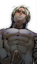 masturbation male big_penis tip cumming_on_viewer cumming_on_screen abs muscular_male male_nipples angry_face blue_and_yellow_hair penis cum_splurt michael_kaiser blue_lock solo solo_male hand_on_penis stroking_penis blush close-up