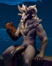 3d_(artwork) abs american_mythology anthro balls big_balls big_horn big_penis big_pubes black_balls black_claws black_hair black_nipples black_penis black_sclera bone book chest_tuft claws digital_media_(artwork) fangs foreskin genitals hair hi_res horn humanoid_genitalia humanoid_penis indigenous_north_american_mythology male muscular mythology night nipples north_american_mythology penis pubes roderick_(elsifthewolf) skull skull_head solo teeth tuft wendigo yosebose