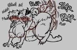 abdominal_bulge animal_humanoid ball_slap balls blush bodily_fluids canid canid_humanoid canine canine_humanoid crowshroomm doggystyle drooling duo from_behind_position gab_(crowshroomm) genitals gynomorph gynomorph_penetrating henry_(henrijae) hi_res human human_penetrated humanoid intersex intersex/intersex intersex_penetrating looking_pleasured mammal mammal_humanoid penetration saliva sex slap sound_effects vein veiny_balls