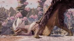 16:9 2026 3d_(artwork) 4k absurd_res ambiguous_gender anus arm_tuft ass_up blue_eyes butt capcom chest_tuft claws detailed_background digital_media_(artwork) feral fin fur hi_res itnsnat leviathan_(mh) mizutsune monster_hunter multicolored_body multicolored_scales open_mouth outside pink_body pink_scales presenting presenting_hindquarters pupils purple_body purple_fur raised_tail scales sharp_teeth slit_pupils solo spread_legs spreading tail teeth tuft white_body white_scales widescreen