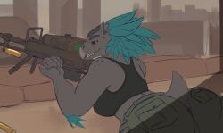 4_fingers alien anthro anus arm_feathers avian beak black_sclera bottomwear cargo casing city city_background clothing colored feather_hair feathered_crest feathers female fingers flat_colors green_body green_feathers grey_body grey_scales gun halo_(series) head_crest holding_gun holding_object holding_ranged_weapon holding_weapon kig-yar lying microsoft on_front pants pseudo_hair ranged_weapon rifle scales scalie shirt short_tail sniper_rifle solo source_request t'vaoan tail tank_top topwear unfinished unknown_artist weapon xbox_game_studios yellow_eyes