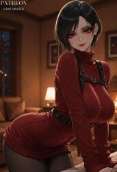 1girl ada_wong ai_generated arm_support artist_name asian asian_female belt black_hair black_pantyhose blurry_background bob_cut breasts brown_eyes brown_pantyhose chest_harness closed_mouth clothing cowboy_shot desk_lamp dress eyeshadow female harness indoors lamp large_breasts leaning_forward leaning_to_the_side long_sleeves looking_at_viewer makeup night pantyhose patreon_username picture_frame pillow red_dress red_eyeshadow red_lips red_sweater resident_evil resident_evil_4 resident_evil_4_remake ribbed_dress ribbed_sweater short_dress short_hair sleeves_past_wrists smile solo sweater sweater_dress swept_bangs thighs turtleneck turtleneck_dress turtleneck_sweater vantawaifu window