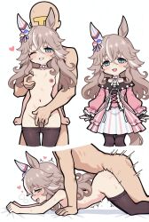 ai_generated umamusume umamusume_pretty_derby wonder_acute_(umamusume) wonder_acute_(butterfly_sting)_(umamusume) choker black_gloves fingerless_gloves puffy_long_sleeves frilled_sleeves pink_dress frills pink_jacket striped_skirt pantyhose t-head_trainer_(umamusume) grabbing_from_behind fingering_from_behind nude sex_from_behind bottom_up_top_down pantyhose_down chibi_style white_background grey_hair green_eyes streaked_hair long_hair horse_tail horse_ears horse_girl vaginal_sex