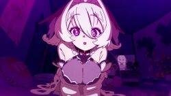 animated bedroom cleavage huge_breasts large_breasts purple_eyes richamu video white_hair