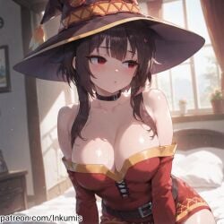 1girl 1girls ai_generated bed bedroom big_breasts blush blush_lines blushing brown_hair clothed clothing dress hat indoor indoors inkumis kono_subarashii_sekai_ni_shukufuku_wo! konosuba light-skinned_female light_skin long_hair megumin perfect_body perfect_boobs red_eyes witch_hat