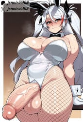 1futa 1girl ai_generated alternate_costume animal_ears arm_support artist_name azur_lane bare_shoulders black_bow black_bowtie blush bow bowtie breasts brown_eyes bunny_girl bunnysuit cleavage closed_mouth clothing covered_navel crotchless detached_collar erection fake_animal_ears female fishnet fishnet_legwear fishnet_pantyhose fishnet_stockings fishnets futanari gloves gradient_background grey_hair hair_between_eyes highleg highleg_leotard huge_breasts huge_penis huge_testicles imminent_fellatio imminent_oral intersex jennieart02 large_breasts large_penis legwear leotard long_hair looking_at_viewer multicolored_hair orange_eyes pantyhose patreon patreon_logo patreon_username penis pent_up playboy_bunny playboy_bunny_costume playboy_bunny_leotard playboy_outfit prinz_eugen_(azur_lane) pubic_hair rabbit_ears red_hair ribbon solo strapless strapless_leotard streaked_hair sweat testicles thick_thighs thighs throbbing_penis twitter twitter_username two_side_up veins veiny_penis very_long_hair watermark white_gloves white_hair white_leotard wrist_cuffs