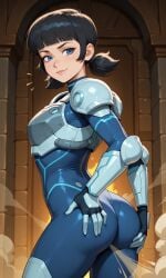 1girls solo female fart bodysuit armored_female ass hand_on_ass invincible tech_jacket_(zoe_thompson) tech_jacket blue_eyes black_hair ponytail_hair hand_on_butt ai_generated hentai