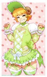 2026 5_fingers anthro balls blonde_hair bonnet bottomwear bovid caprine clothed clothing corset crossdressing curled_horn dress femboy fingers fist flaccid frilly frilly_clothing frilly_dress front_view fur genitals gloves green_bottomwear green_clothing green_dress green_gloves green_handwear green_legwear green_skirt green_stockings grin hair half-closed_eyes handwear headgear headwear hi_res horn humanoid_genitalia humanoid_penis keiran_tracey legwear lingerie male mammal narrowed_eyes penis pink_balls pink_nose pink_penis raised_hands sheep skirt smile solo stockings tan_body tan_fur thick_thighs tokifuji topwear white_bottomwear white_clothing white_dress white_legwear white_skirt white_stockings