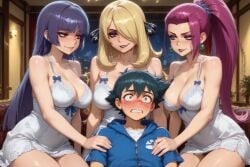 ai_generated pokemon ash_ketchum jessie_(pokemon) sabrina_(pokemon) cynthia_(pokemon) 3girls 1boy 3girls1boy casting_couch lingerie full-face_blush embarrassed