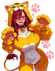 1girl 1girls ai_generated animal_collar animal_costume animal_ears animal_hands animal_hood animal_tail balecxi bell blush breasts brown_eyes cat_costume claw_pose clothing collar cosplay cowboy_shot curvaceous curvaceous_female curvaceous_figure curvy curvy_figure erza_scarlet fairy_tail fake_animal_ears fake_tail fangs female female_focus gloves hair_between_eyes hands_up hood hood_up jingle_bell large_breasts lion_ears lion_tail long_hair long_sleeves looking_at_viewer neck_bell nose_blush open_mouth paw_gloves paw_print paw_print_background red-haired_female red_collar red_hair simple_background solo standing symbol-shaped_pupils tail teeth tiger_tail voluptuous voluptuous_female white_background