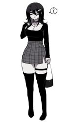 bag black black_clothing black_hair breasts centi_(artist) checkered_skirt choker cleavage cross full_body goth goth_girl hair_between_eyes hairclip heizle_(centi) long_boots long_sleeves ring shirt simple_background thigh_boots thigh_strap white_skin