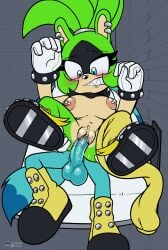 sonic_(series) sonic_the_hedgehog_(series) sonic_the_hedgehog_(idw) kitsunami_the_fennec surge_the_tenrec 1girls 1boy green_fur blue_fur blushing sharp_teeth gloves shoes big_penis vaginal_penetration pussy_juice pants_around_one_leg large_breasts pierced_nipples piercings blue_eyes sitting_on_penis fours_(artist)