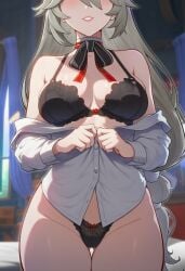 alexandrina_sebastiane zenless_zone_zero mihoyo hoyoverse ai_generated lunealter 1girls female female_only female_focus mature_female pale_skin pale-skinned_female long_hair gray_hair red_lipstick putting_clothes_on black_bra black_panties partially_clothed standing body_focus white_shirt big_breasts big_ass big_thighs thick_thighs thick_legs thick_hips thick_butt sfw 2026 uncensored exposed_breasts exposed_shoulders exposed_legs bedroom