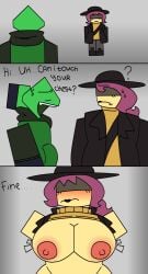 1boy 1boy1girl 1girls 2d 2d_(artwork) 2d_artwork boobs boobs_focus breasts breasts_focus breasts_out coat comic comic_panel comic_strip dialog dialogue digital_drawing_(artwork) digital_media_(artwork) eyelashes female ferman ferman_(robloxian) forsaken forsaken_(roblox) green_body green_skin hat horny horny_male jane_doe_(forsaken) lipstick male naked naked_female nervous nervous_sweat nude nude_female panels popping question_mark raised_shirt roblox roblox_game robloxian shirt shirt_lift shirt_pull sweat sweatdrop sweater sweating tagme text text_box text_bubble thick tits titties voluptuous voluptuous_body voluptuous_female yellow_body yellow_skin