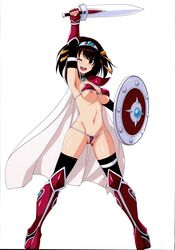 ;d absurdres arm_up armor ass_visible_through_thighs bangs between_labia bikini_armor blush boots breasts cape cosplay diadem elbow_gloves elizabeth_bathory_(brave) elizabeth_bathory_(brave)_(cosplay) elizabeth_bathory_(fate) emphasis_lines eyebrows_visible_through_hair fate/grand_order fate_(series) female footwear full_body gauntlets gloves greaves hair_ribbon handwear haruhisky highres holding holding_shield holding_sword holding_weapon innie_pussy looking_at_viewer medium_breasts navel nipple_slip nipples one_eye_closed open_mouth pauldrons ribbon shield short_hair shoulder_armor simple_background smile solo standing stomach suzumiya_haruhi suzumiya_haruhi_no_yuuutsu sword thigh_boots thighhighs thighhighs_under_boots v-shaped_eyebrows weapon white_background