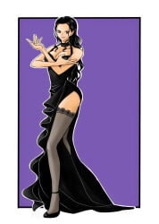big_breasts black_dress black_hair cleavage dress earings elegant elegant_dress high_heels hourglass_figure jewelry lace-trimmed_stockings lace-trimmed_thighhighs lace_trim long_dress long_hair mature_female neck_hold nico_robin one_piece posing post-timeskip side_slit side_slit_dress simple_background stockings syuka
