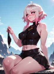 1girl 2026 ahoge ai_generated anime bare_shoulders black_panties black_skirt blue_sky blush boobs bow_panties breasts briar_(league_of_legends) cleavage closed_mouth covered_nipples crop_top crossover day eye_contact female female_focus flushed gradient_hair hair_between_eyes highres holding holding_clothes holding_panties holding_underwear league_of_legends looking_at_viewer medium_breasts midriff multicolored_hair navel neutral_expression nsfw outdoors panties panties_removed patreon patreon_username pink_eyes pink_hair pleated_skirt pointy_ears riot_games rognezart short_hair sitting skirt sky sleeveless smile smiling solo sweat sweaty thick_thighs thighs underwear wet