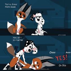 101_dalmatian_street 101_dalmatians absurd_res canid canine canis dalmatian disney domestic_dog duo dylan_(101_dalmatians) feral fergus_(101_dalmatians) fox hi_res male male/male mammal red_fox true_fox