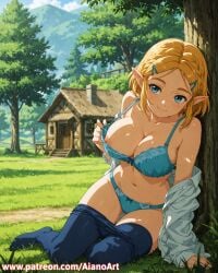 aianoart ai_generated 1girl solo breasts looking_at_viewer blush smile short_hair bangs blue_eyes blonde_hair large_breasts shirt hair_ornament navel cleavage sitting closed_mouth underwear nipples collarbone panties white_shirt braid pantyhose outdoors open_clothes day pointy_ears hairclip off_shoulder bra tree parted_bangs open_shirt clothes_pull grass blue_panties pantyhose_pull blue_bra zelda_(tears_of_the_kingdom) zelda_(breath_of_the_wild) tears_of_the_kingdom breath_of_the_wild