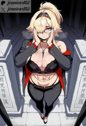 1girl abs ai_generated belt black-framed_eyewear black_bra black_footwear black_hairband black_jacket black_panties black_pants blonde_hair blue_eyes blue_nails body_writing bra breasts choker cleavage closed_mouth clothing eyewear female formal from_above full_body glasses goddess_of_victory:_nikke gold_chain grave_(nikke) grey_jacket hair_over_one_eye hairband hands_on_own_cheeks hands_on_own_face hands_up jacket jennieart02 jewelry large_breasts long_hair long_sleeves looking_at_viewer muscular muscular_female nail_polish navel necklace off_shoulder open_clothes open_jacket panties pants patreon patreon_logo patreon_username pinstripe_pattern pinstripe_suit ponytail pov_doorway semi-rimless_eyewear sidelocks single_bare_shoulder solo standing stomach striped_clothes striped_jacket suit sweat toned twitter twitter_username underwear watermark