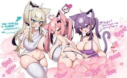 3girls actfourteen alternate_version_available apron apron_only aroused ass big_ass big_breasts bikini blue_eyes blush blushing breasts breasts_bigger_than_head cat_ears cat_girl cat_tail catgirl dialogue embarrassed fart fart_cloud fart_fetish farting fat_ass fat_thighs female female_only gas gassy horny huge_breasts kyouka_(actfourteen) large_ass large_breasts lowres molly_(actfourteen) multiple_females multiple_girls panties pink_hair purple_fart purple_hair purple_panties sayaka_(actfourteen) shirt_lift shirt_up spread_ass spreading text_bubble unusual_fart white_background