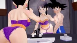 1boy1girl ass black_hair brushing_teeth chichi dragon_ball dragon_ball_z evaan husband_and_wife koikatsu lingerie milf mirror mirror_reflection perfect_idiot reflection son_goku