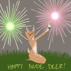 alcohol antlers ass beverage blush brown_eyes cervine deer fireworks foxtrap girly holding_(disambiguation) holidays horn humor looking_at_viewer male mammal new_year nipples one_eye_closed outside penis pun sitting wink