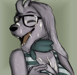 2017 anthro breasts candle_the_saluki canine canine clothed clothing cum cum_on_face digital_media_(artwork) esprit-arait female fur grey_fur looking_at_viewer mammal open_mouth saluki simple_background smile solo tongue